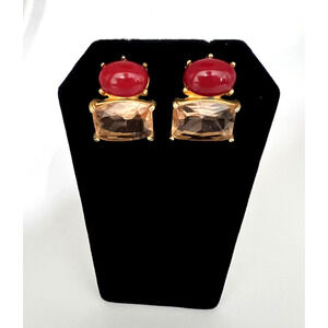 Vintage GERARD YOSCA EARRINGS Faceted Pink Gemstones & Cranberry Red Cabochons